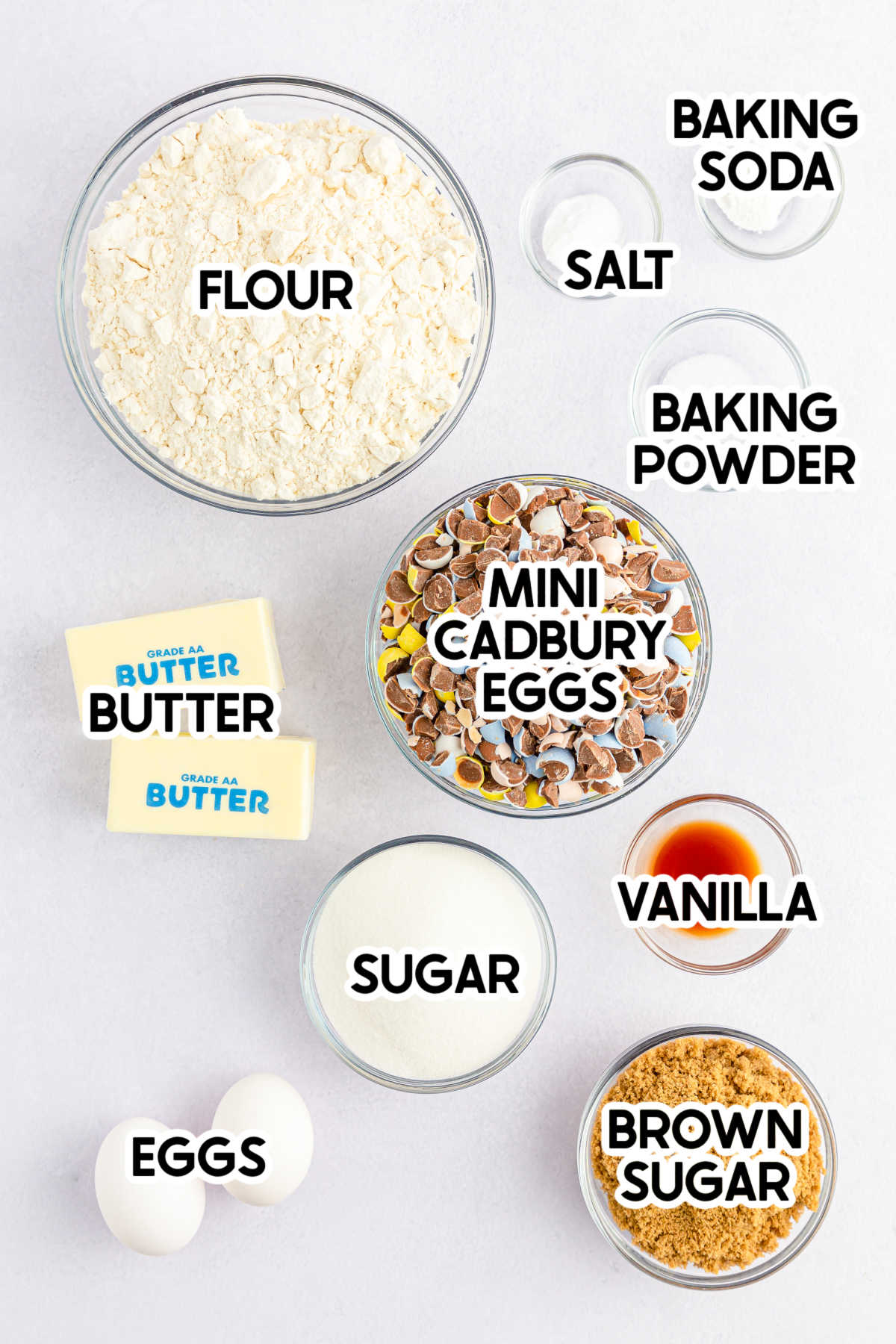 ingredients to make Cadbury egg cookie bars with labels