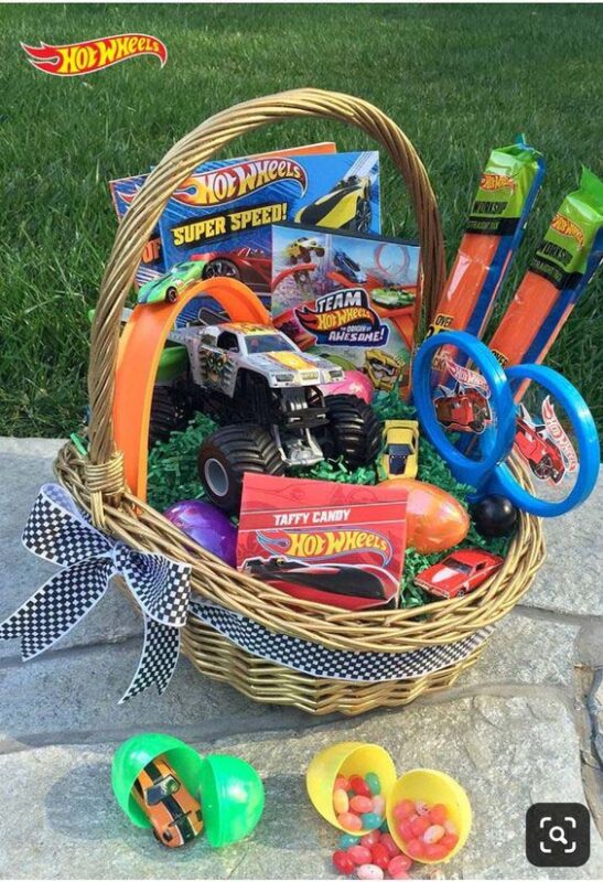 Easter basket filled with hot whees items