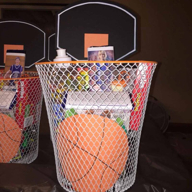 wire basket with basketball snacks and paper hoop