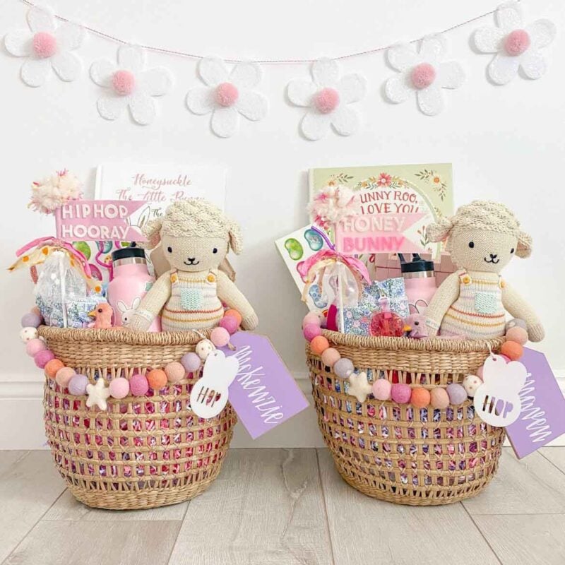 two baskets with matching Easter themed toys.