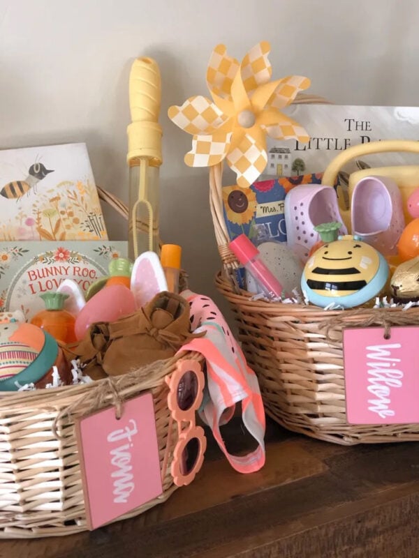 wicker basket with summer essentials such as bathing suit and water shoes