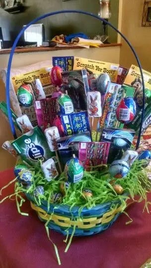 basket filled with scratcher tickets and candy