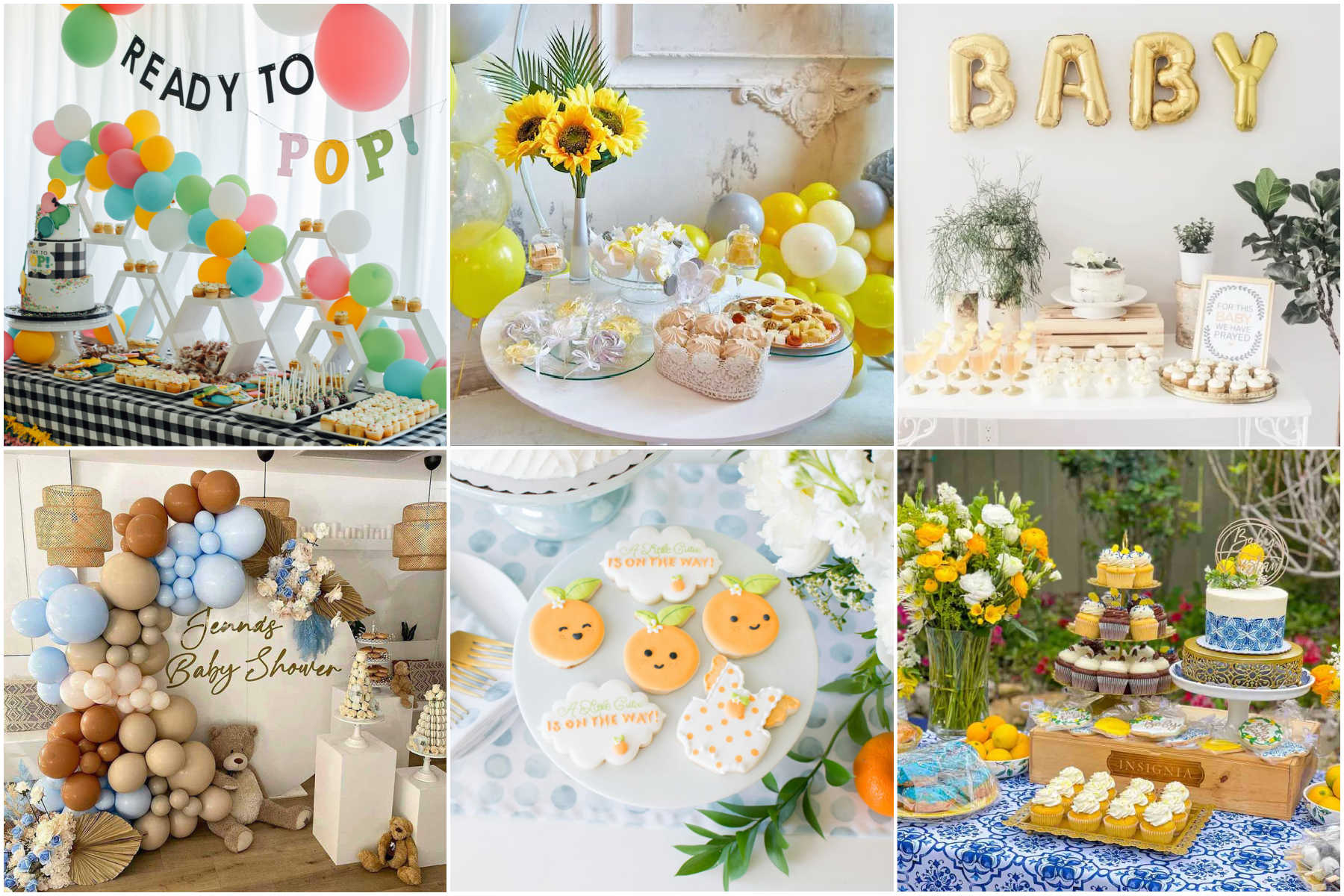 6 pictures of baby shower decorations and food.
