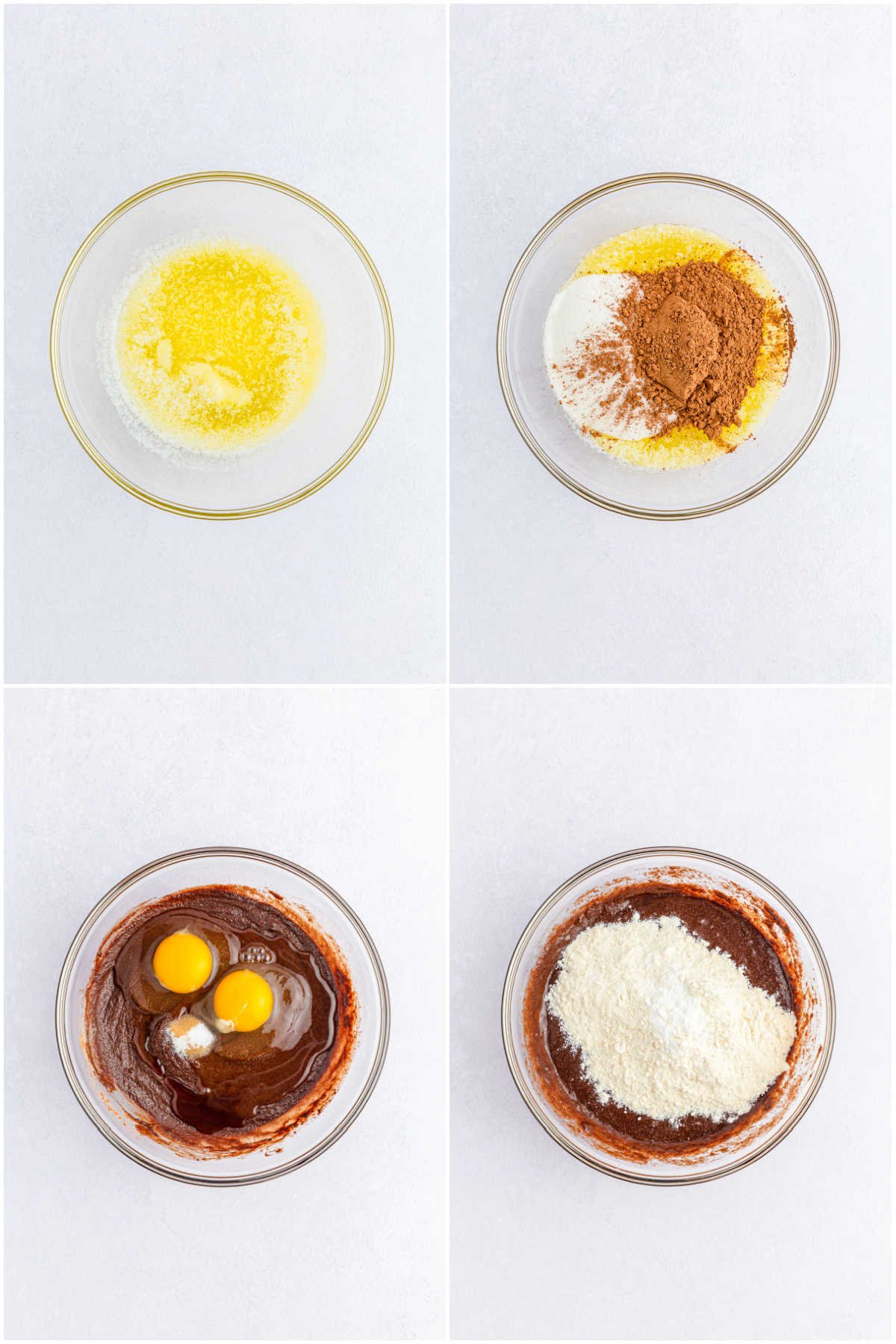 four images showing the process of making batter for mini egg brownies