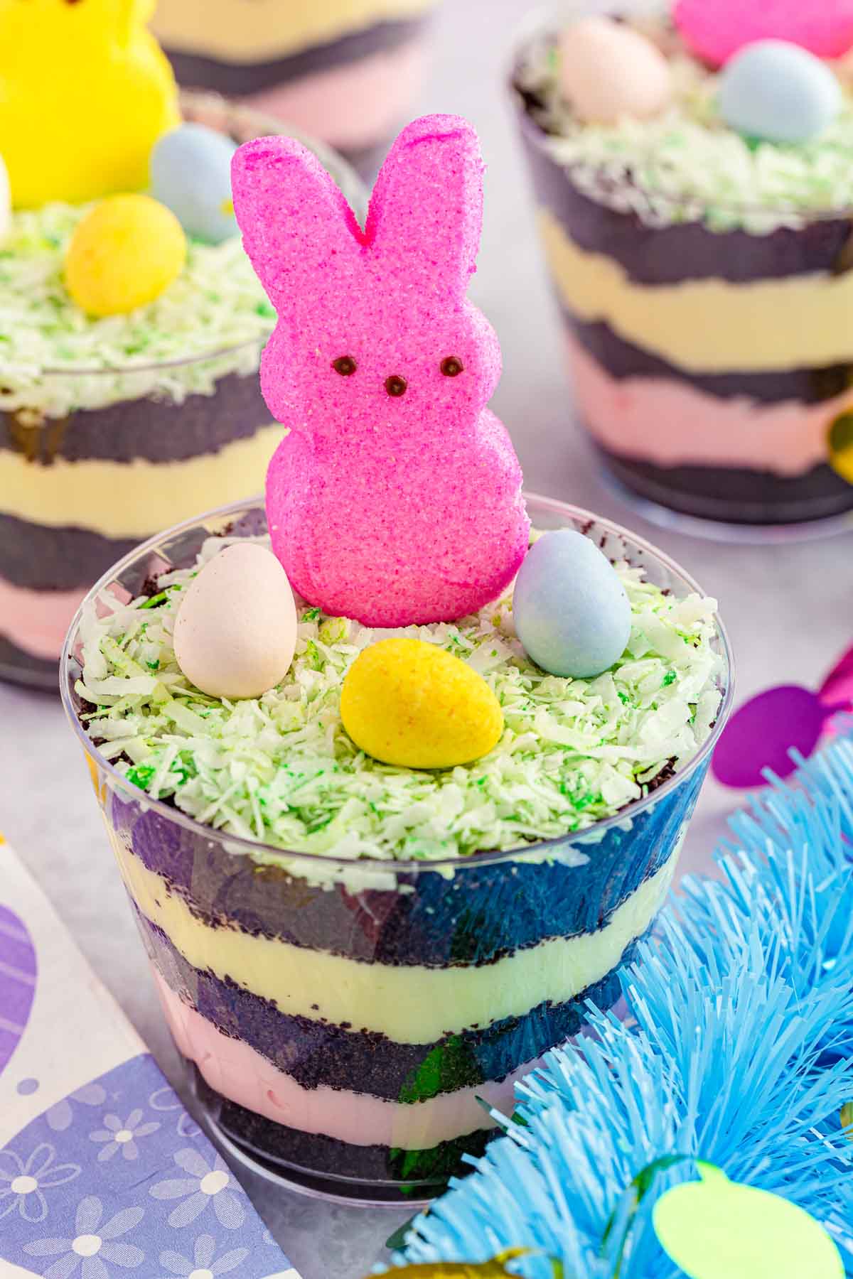 Easter dirt cups with Peeps on top