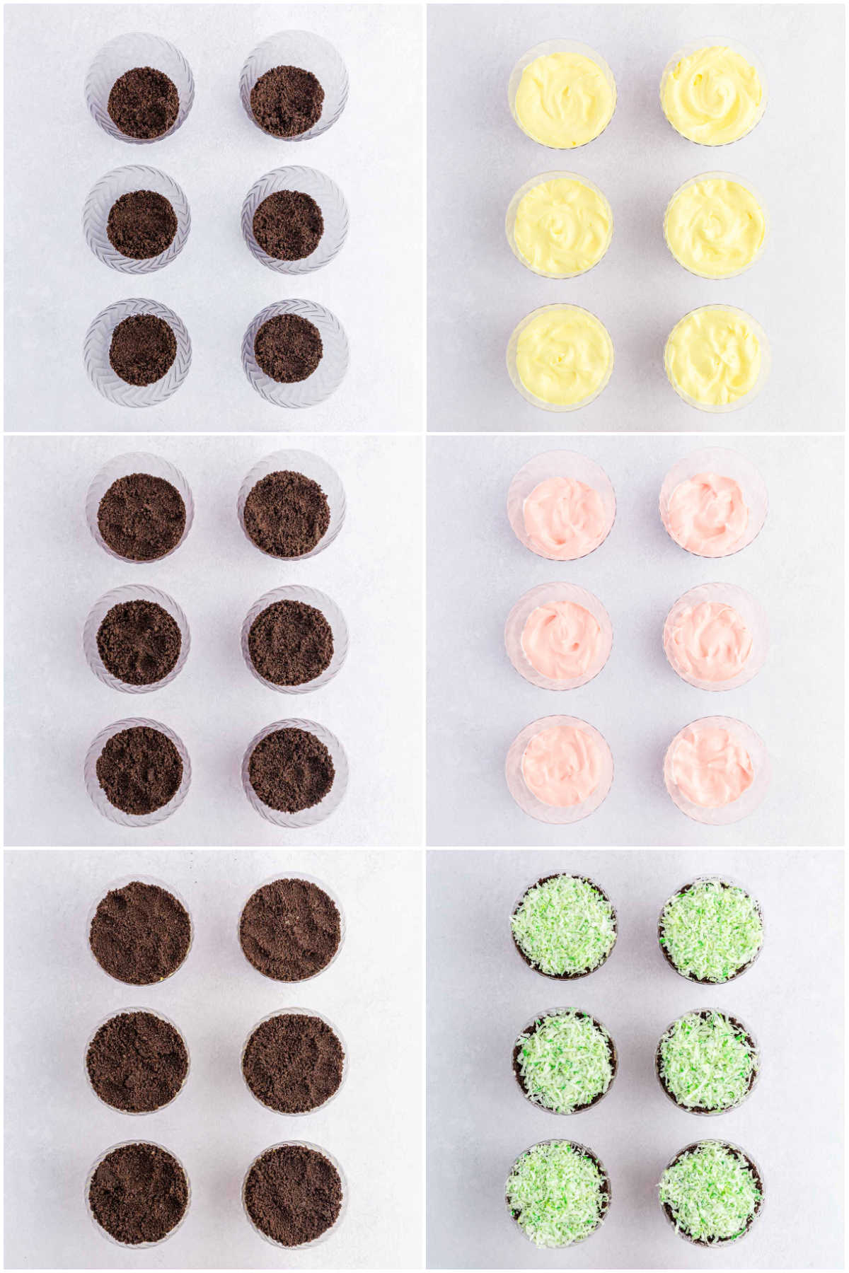 collage of images showing layering Oreo dirt and pudding in Easter dirt cups