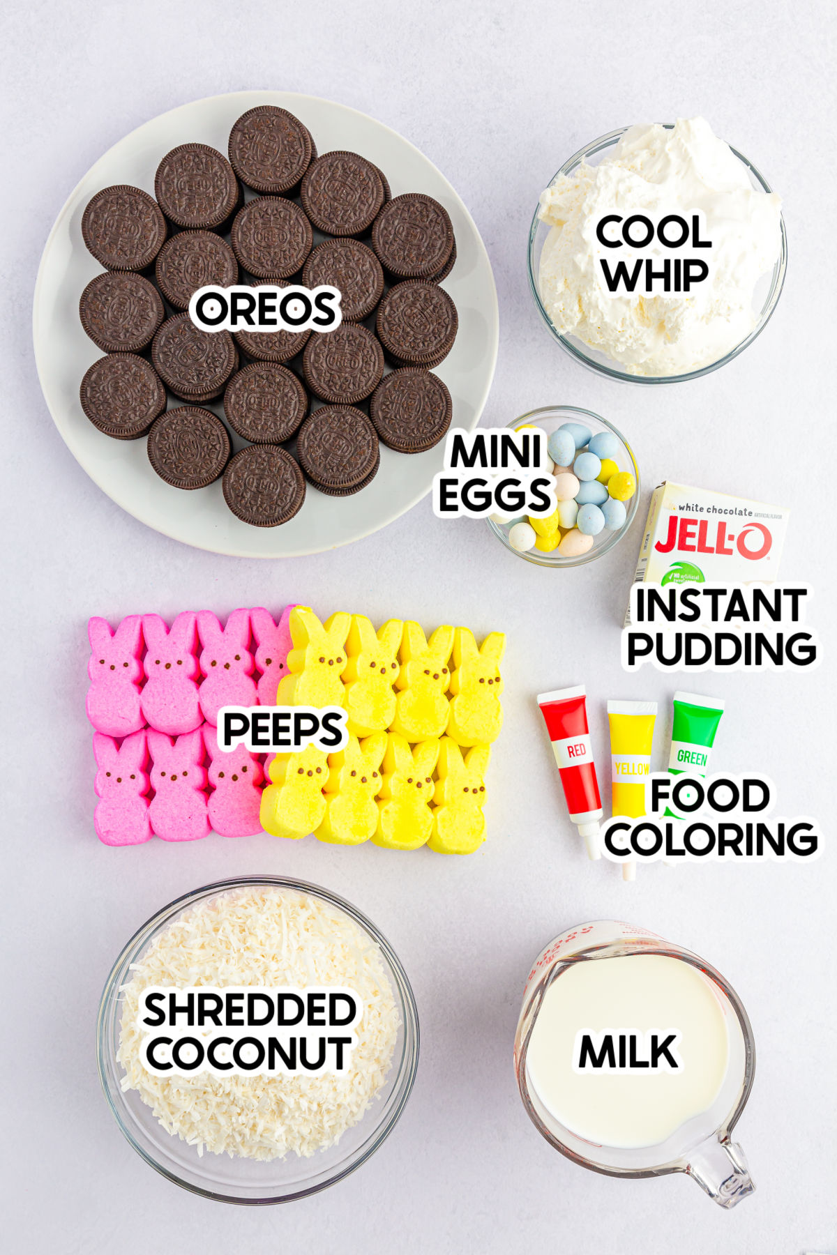 ingredients to make Easter dirt cups with labels