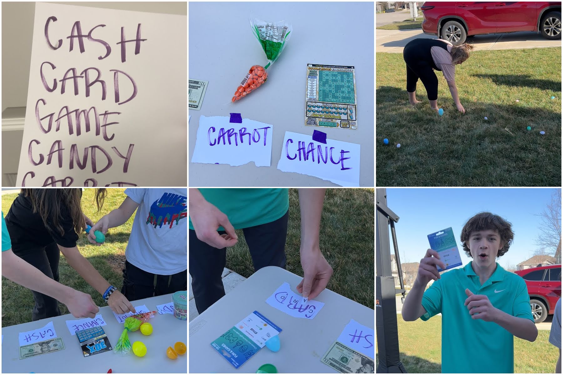 six images showing people searching for Easter egg hunts