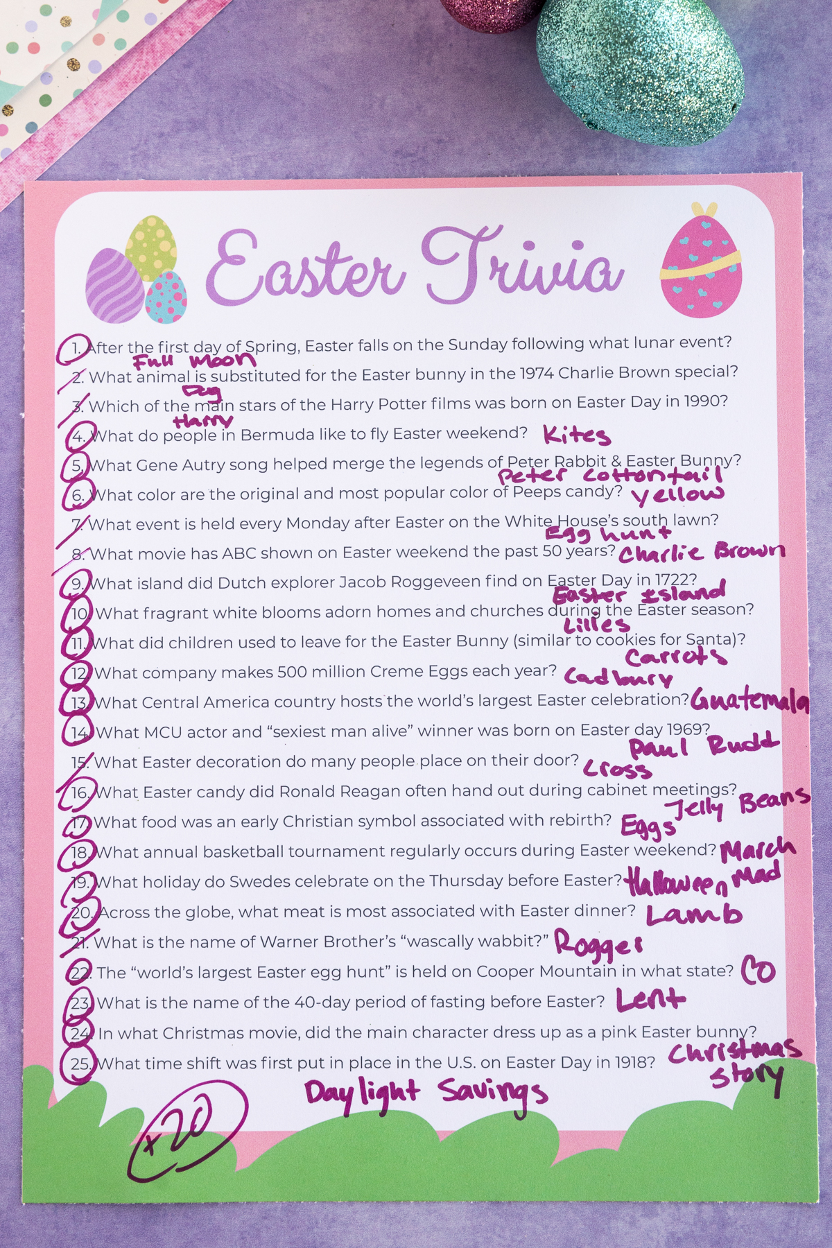easter trivia game with questions marked off