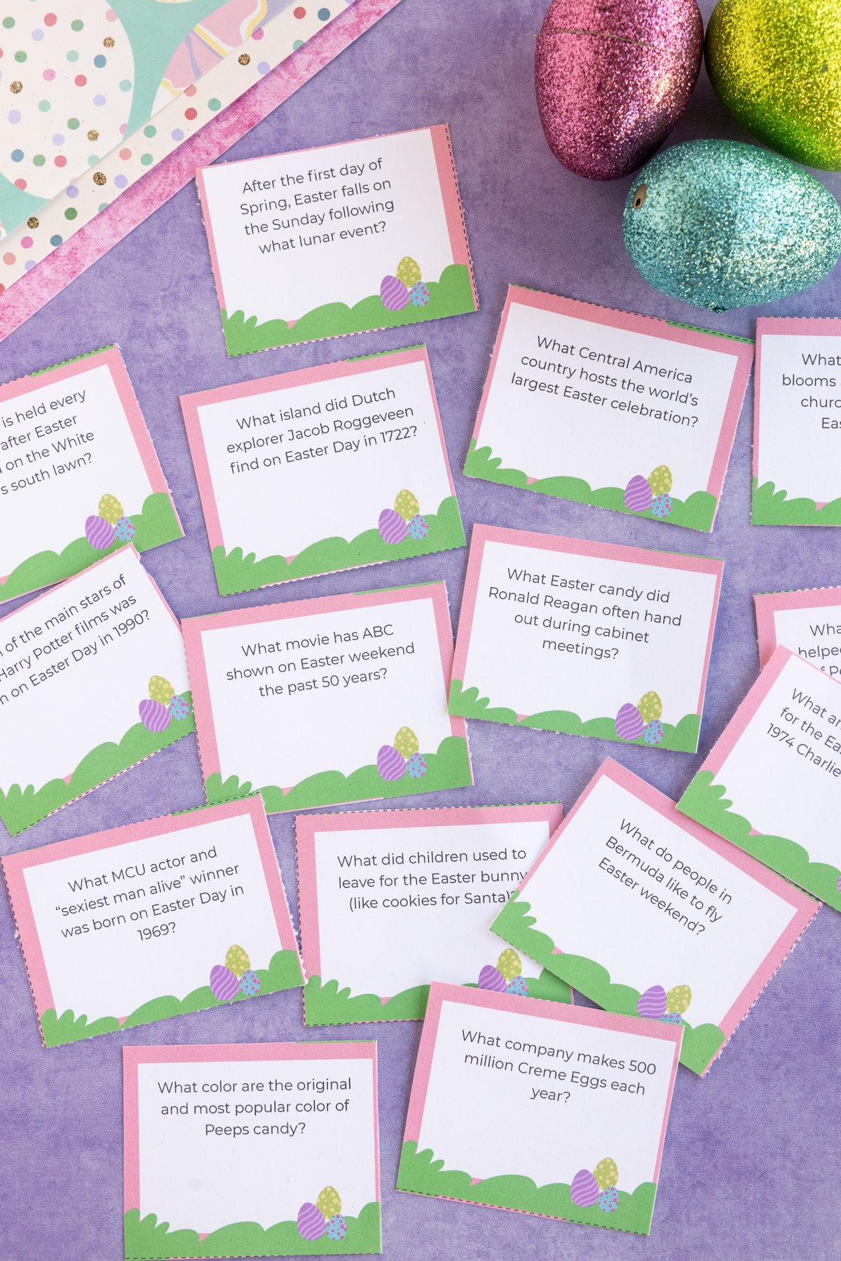 printed out Easter trivia questions on cards