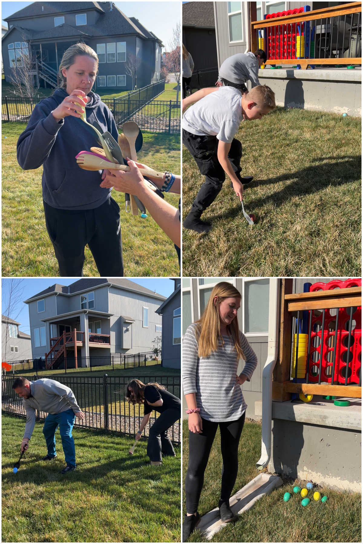 collage of four images showing people rolling eggs through the yard
