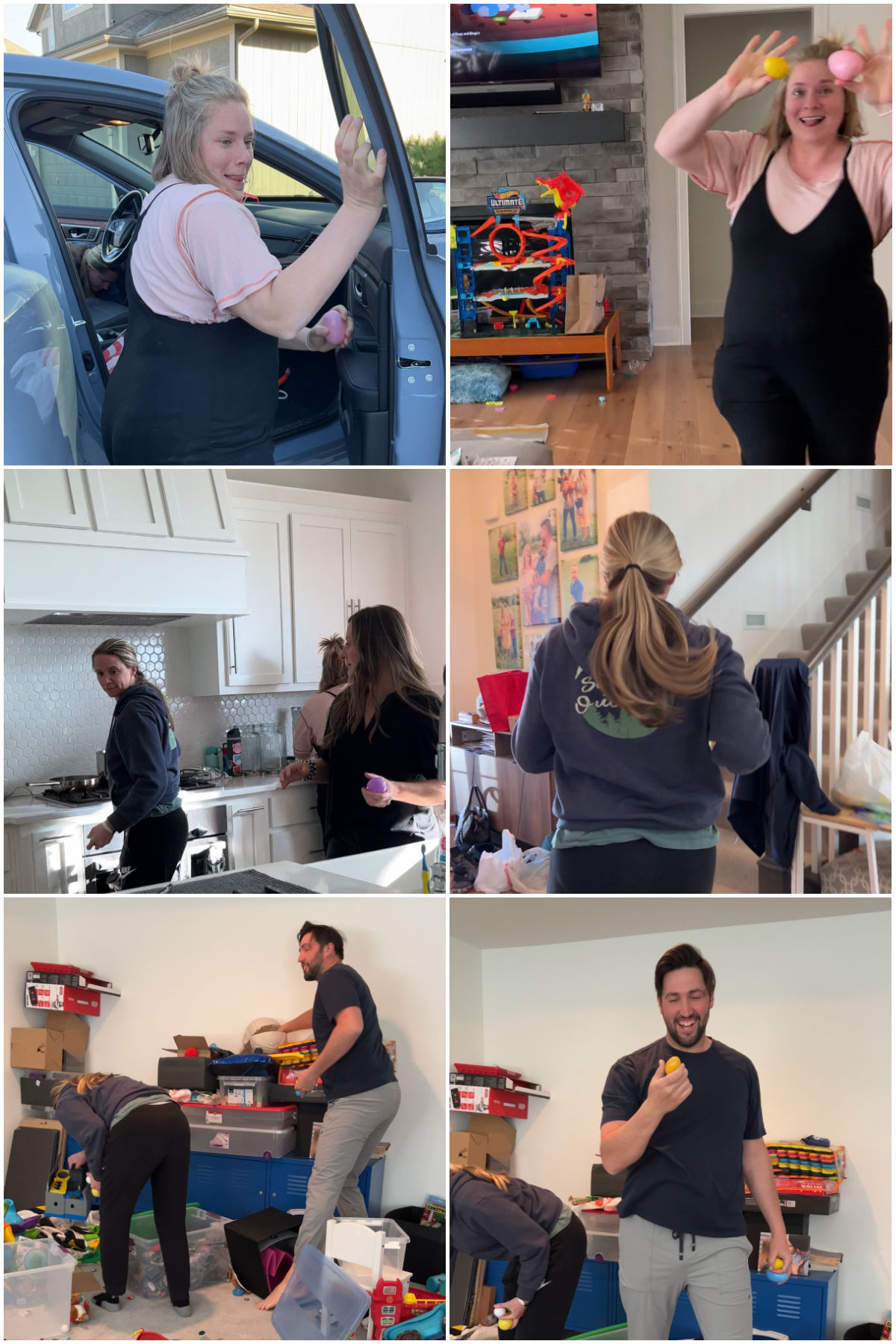 six images showing the process of adults doing an indoor easter egg hunt