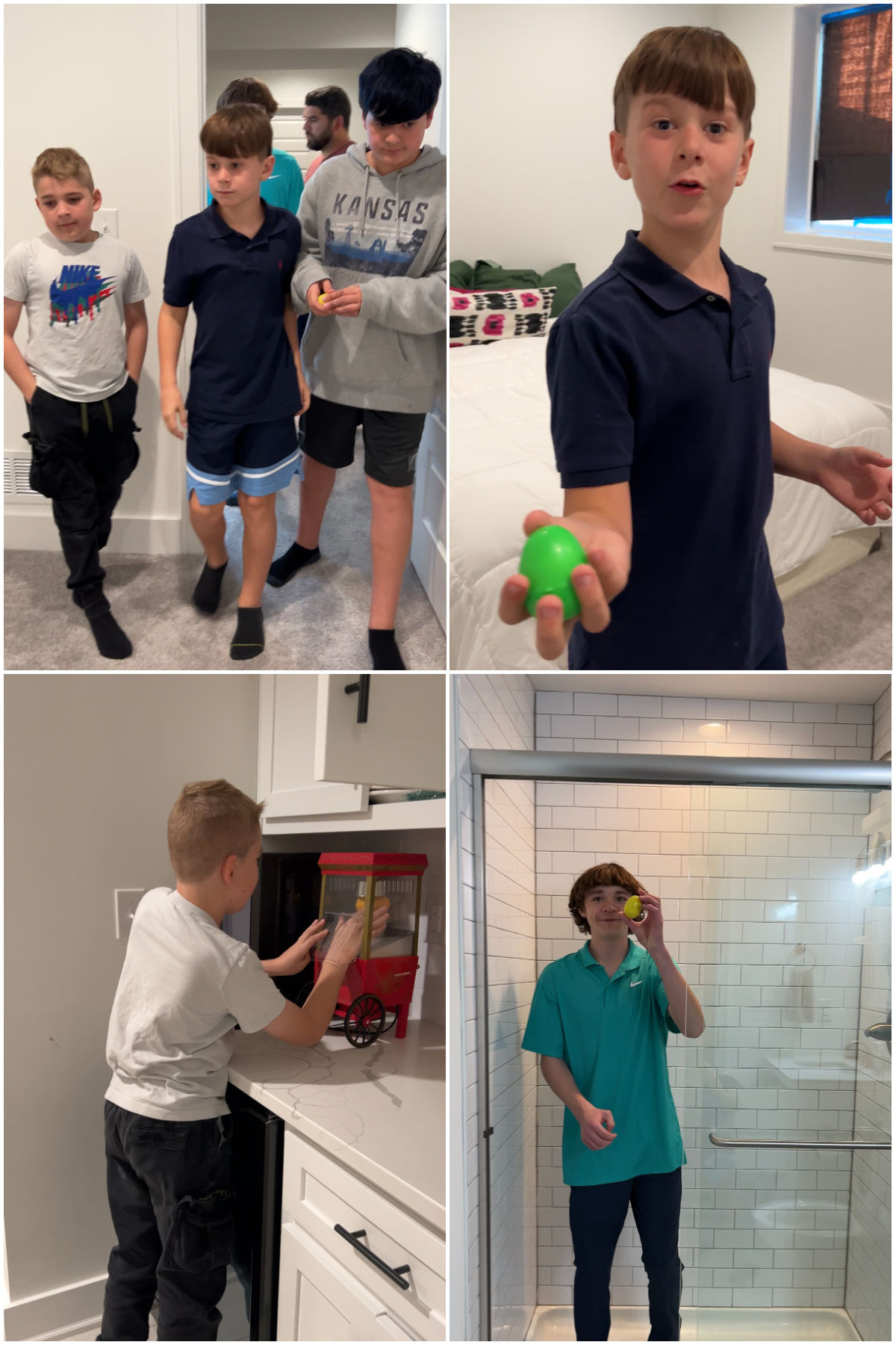 four images showing boys doing an indoor easter egg hunt