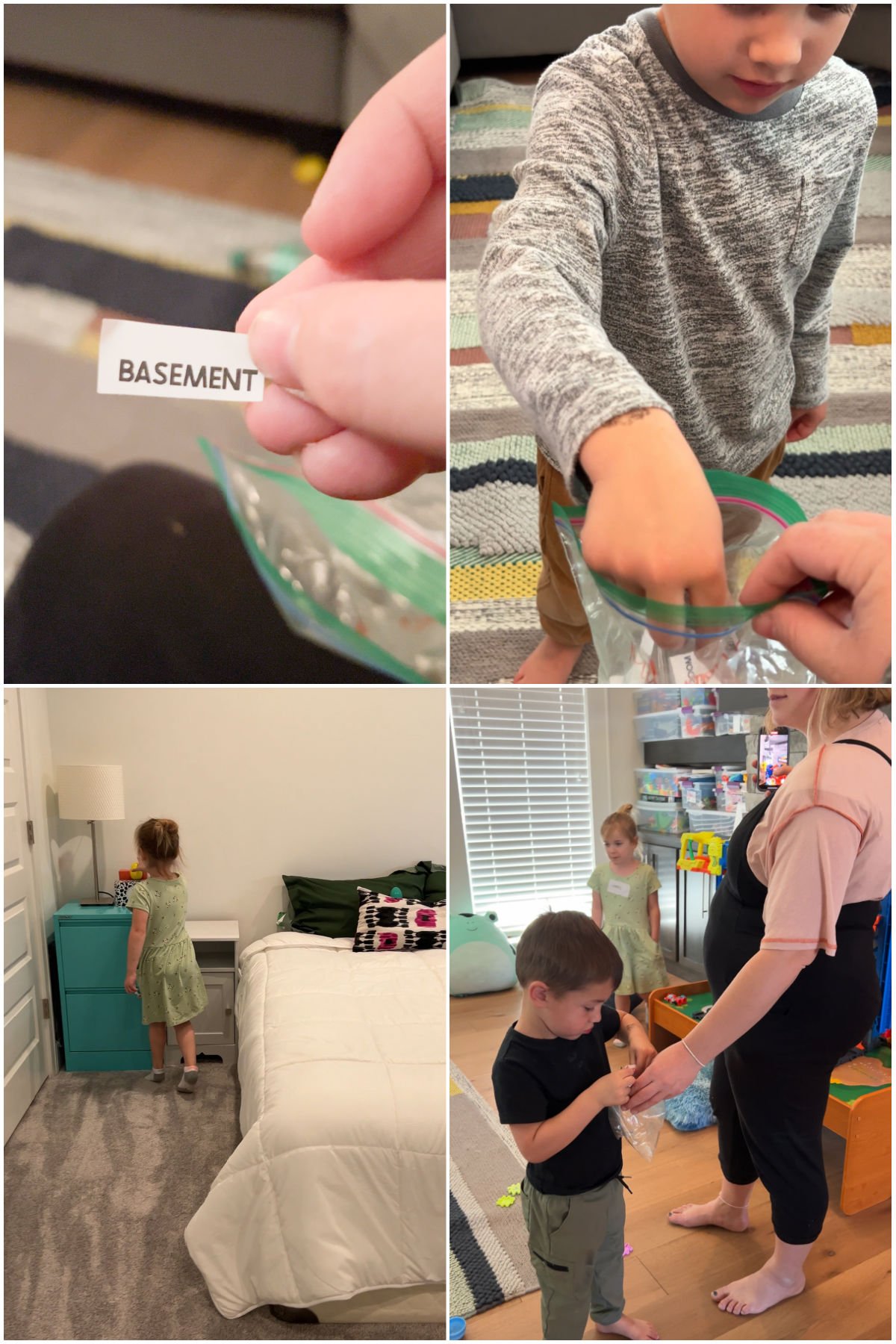 collage of images showing kids doing an indoor easter egg hunt