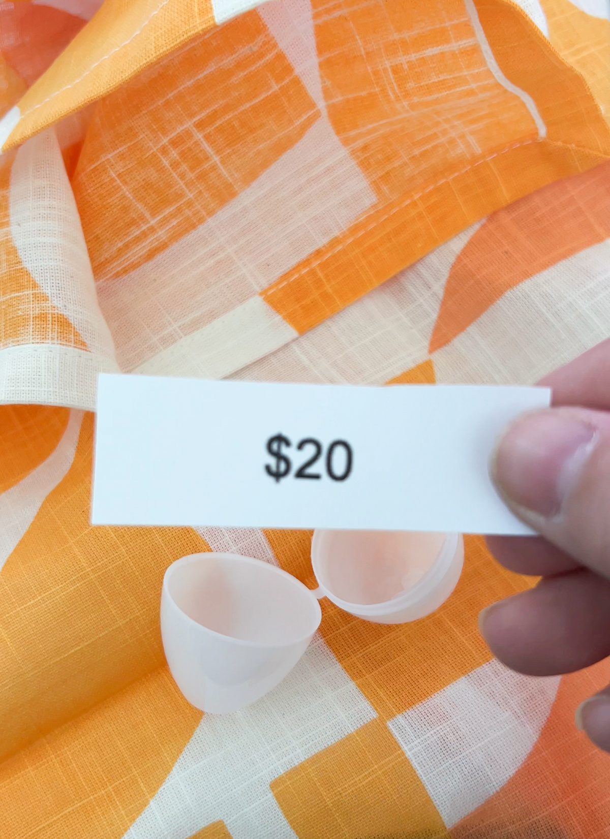 piece of paper that says $20 above a plastic egg