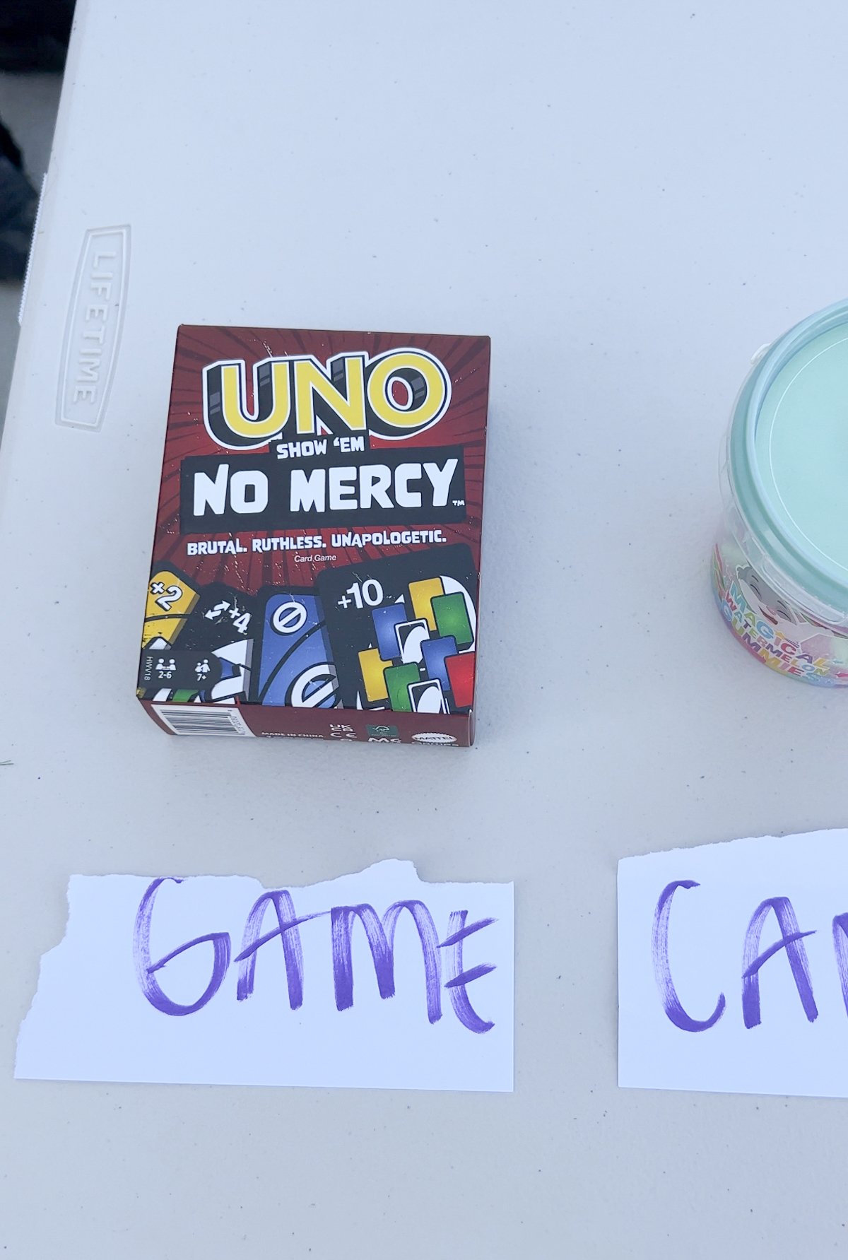 Uno game with the word game under it on a table 