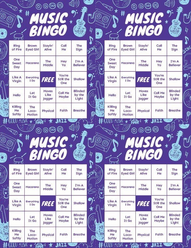 four music bingo cards with songs on them