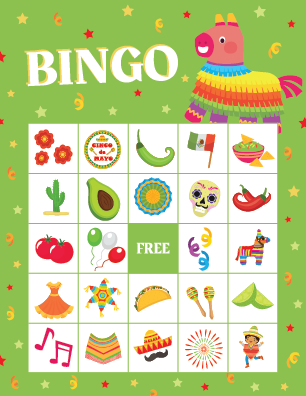 cinco de mayo bingo card with a green background