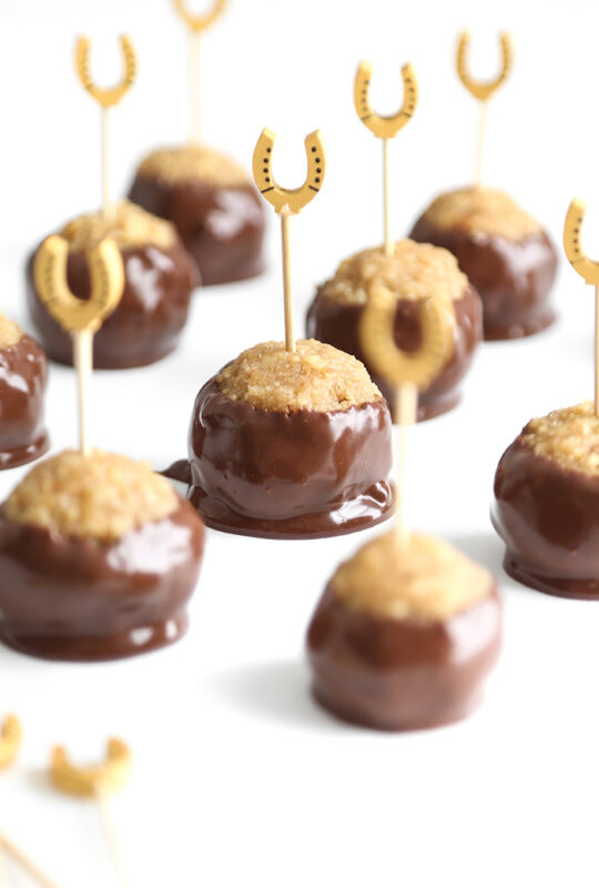 truffles dipped in chocolate with horseshoe skewer