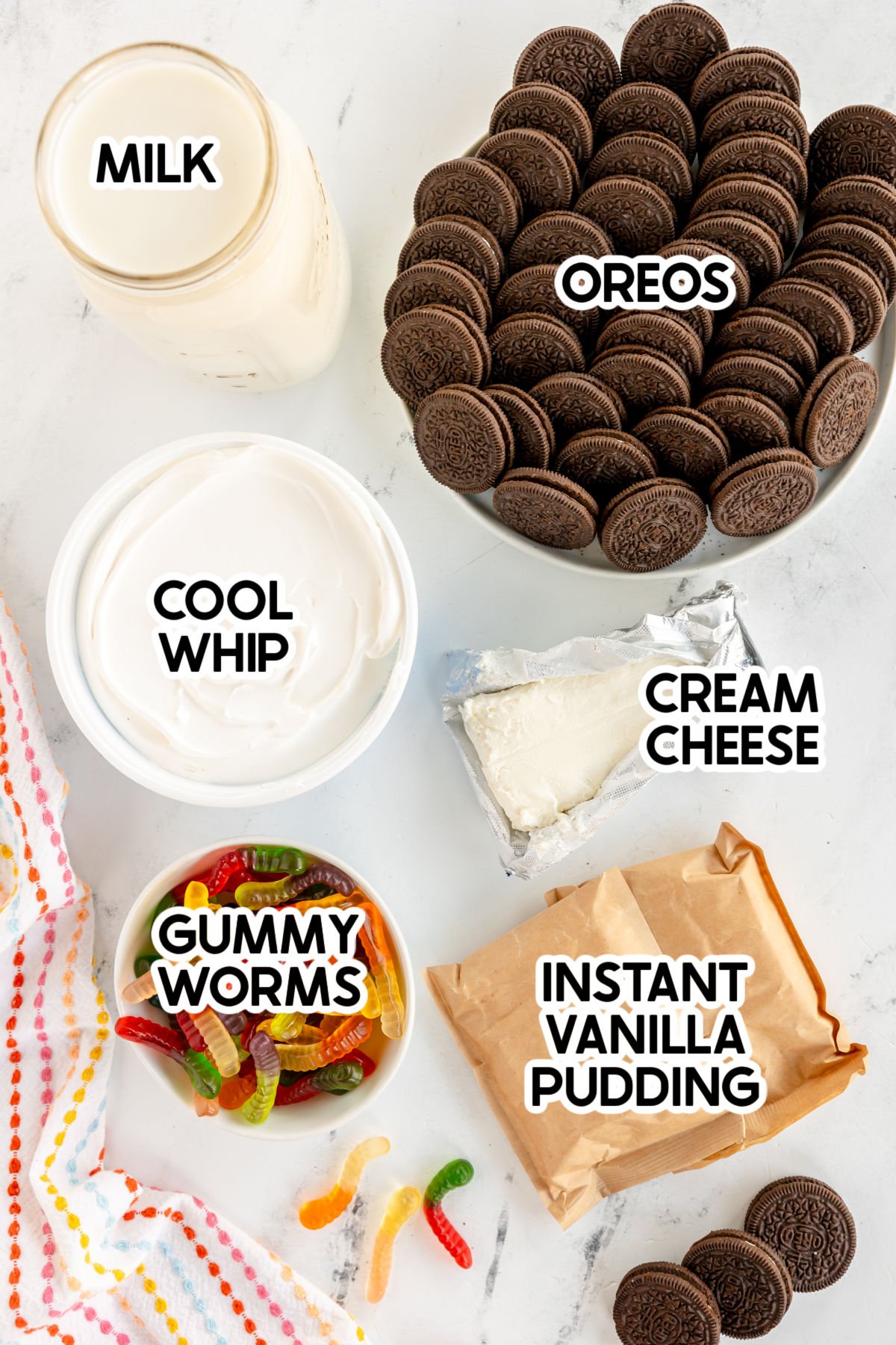 ingredients to make Oreo dirt cups with labels