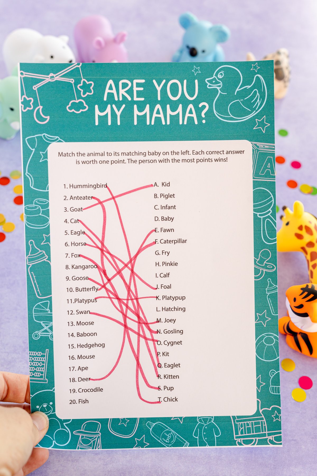 baby animal matching game with answers drawn in
