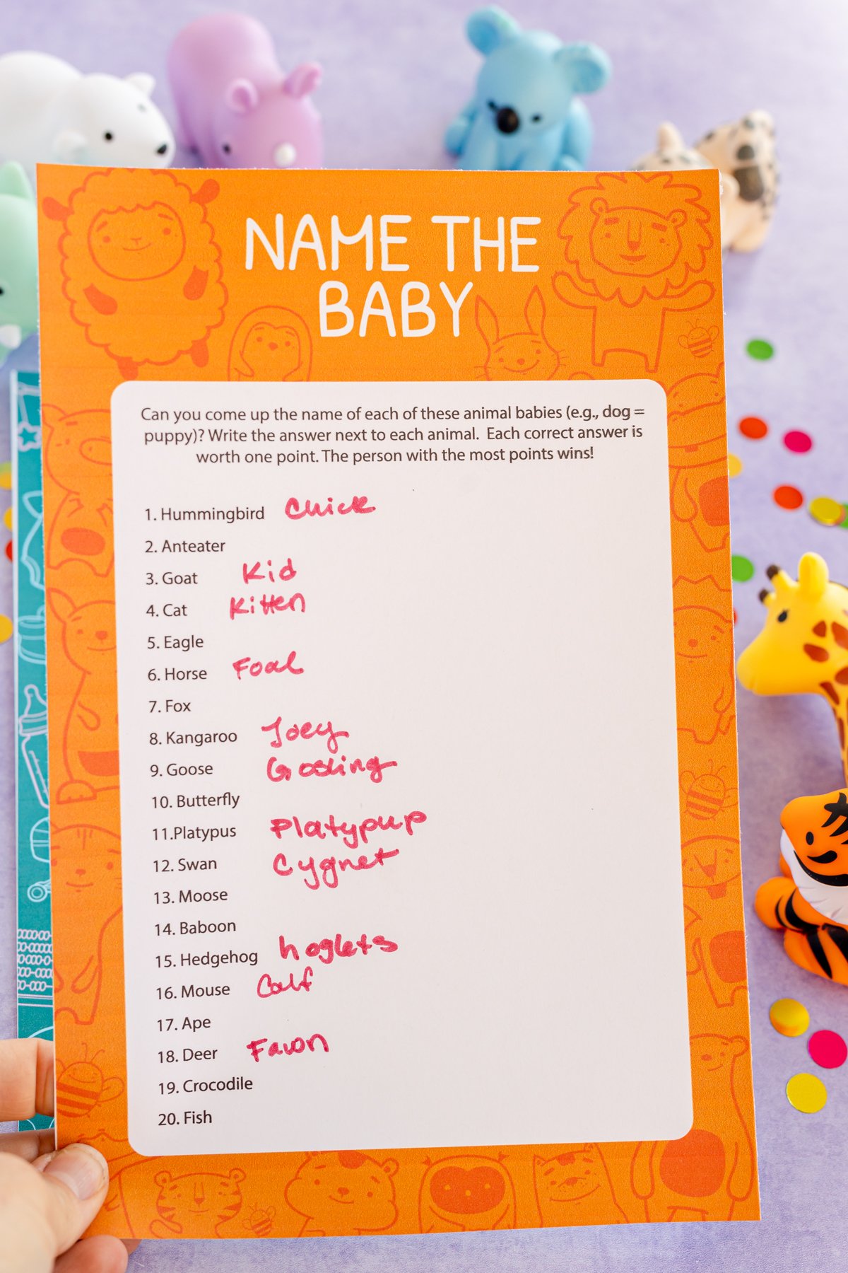 baby animal name game with the names written in