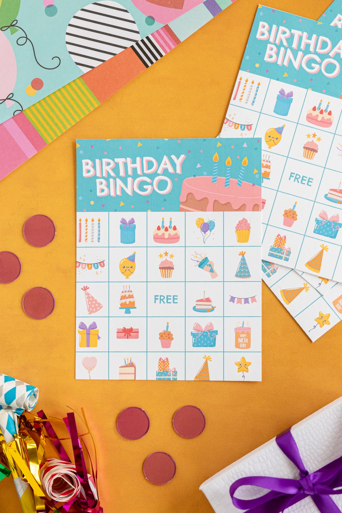 birthday bingo card with bingo markers