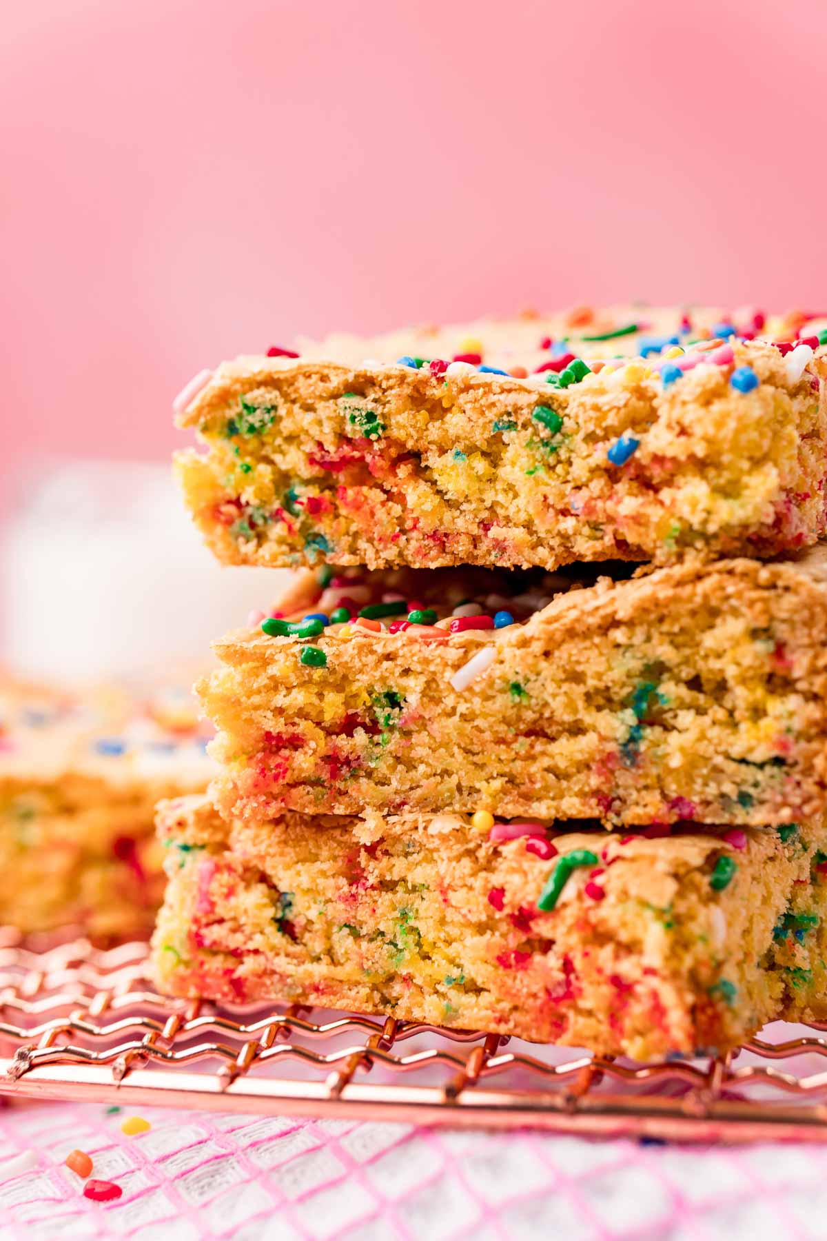 close up stack of birthday cake blondies