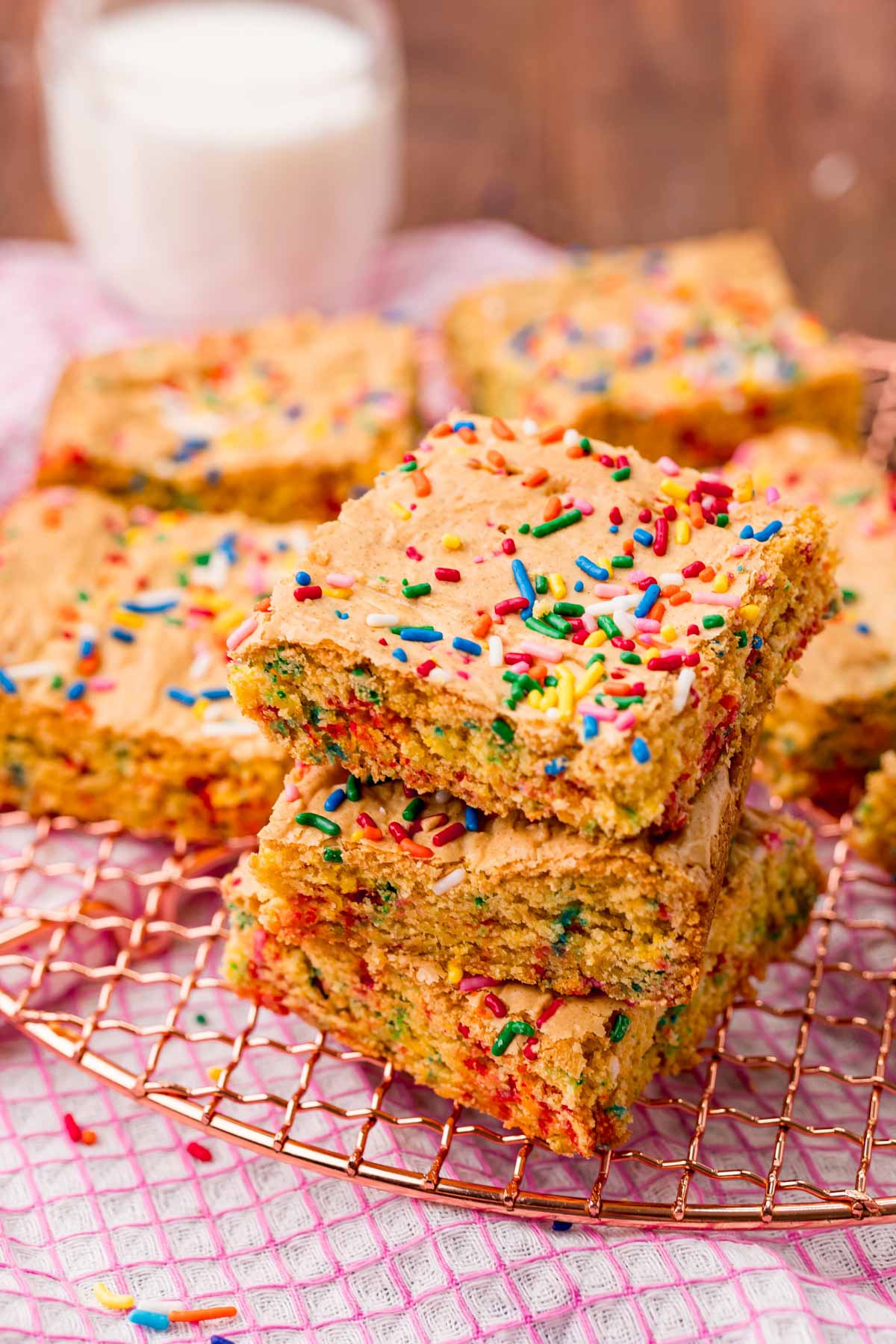 stack of three birthday cake blondies