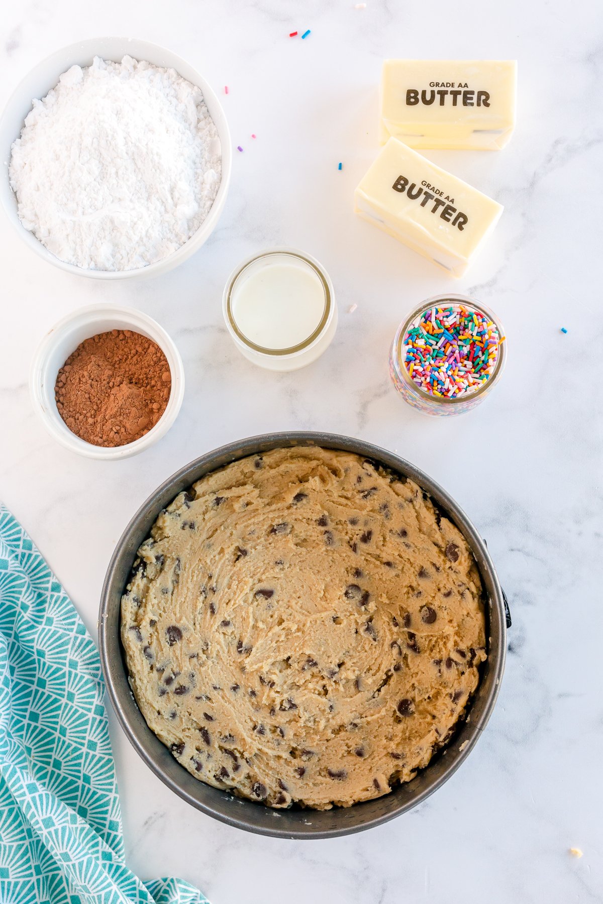 chocolate chip cookie dough in a springform pan