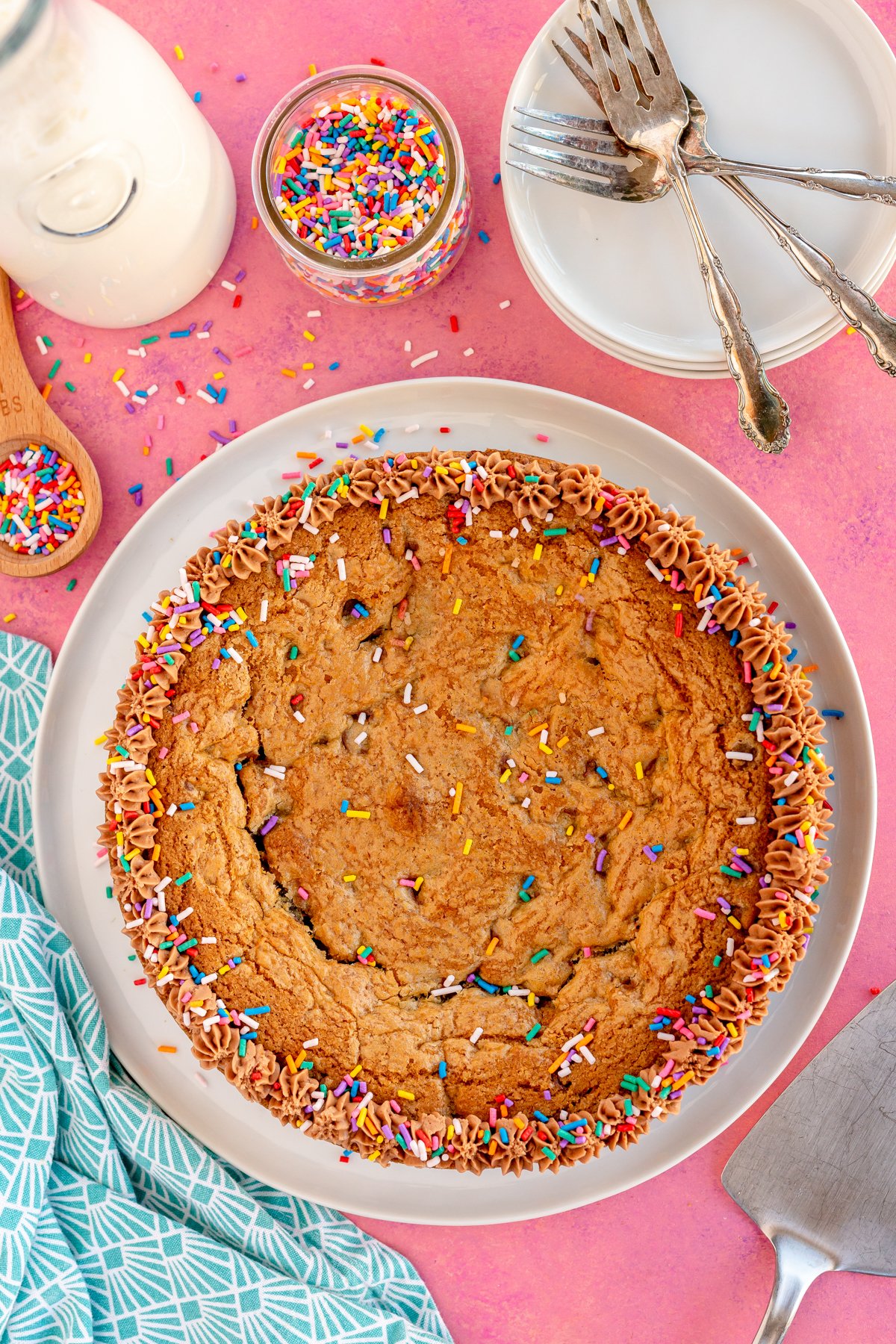 decorated chocolate chip cookie cake in a springform pan