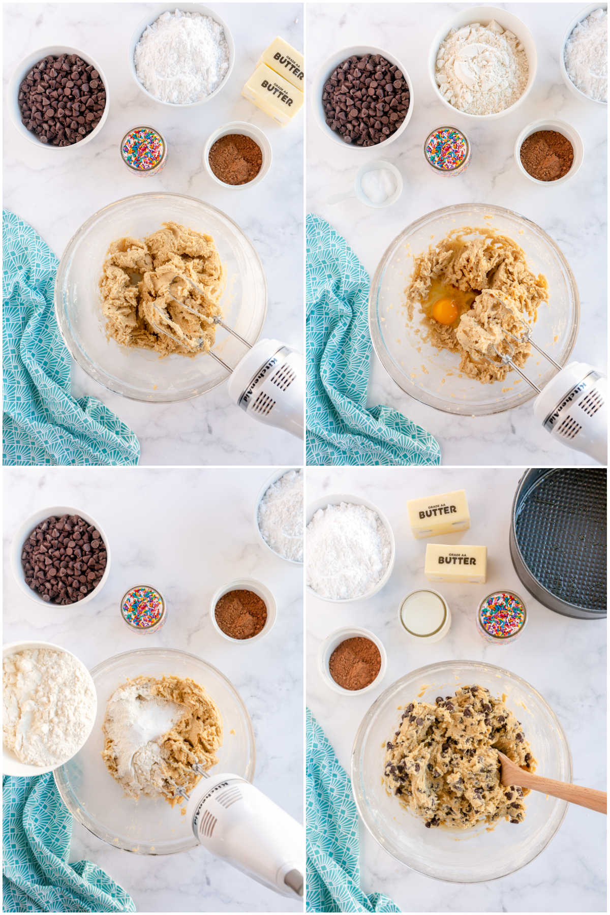 four images showing the process of making dough for chocolate chip cookie cake