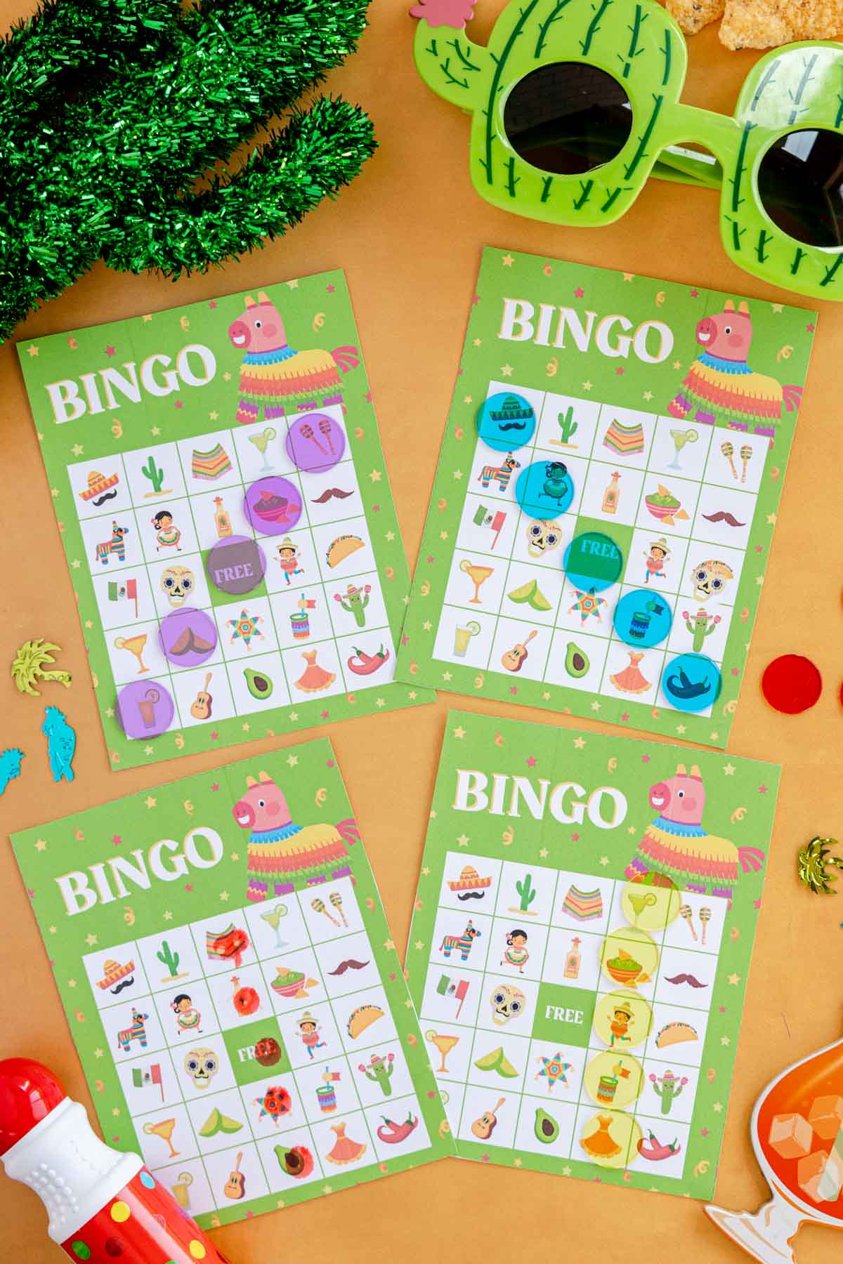 Cinco de Mayo bingo cards with bingos marked off 