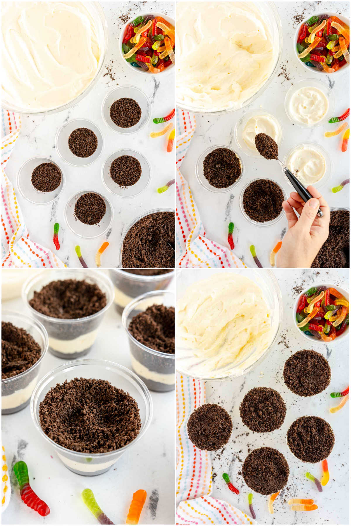 four images in a collage showing layering dirt cups