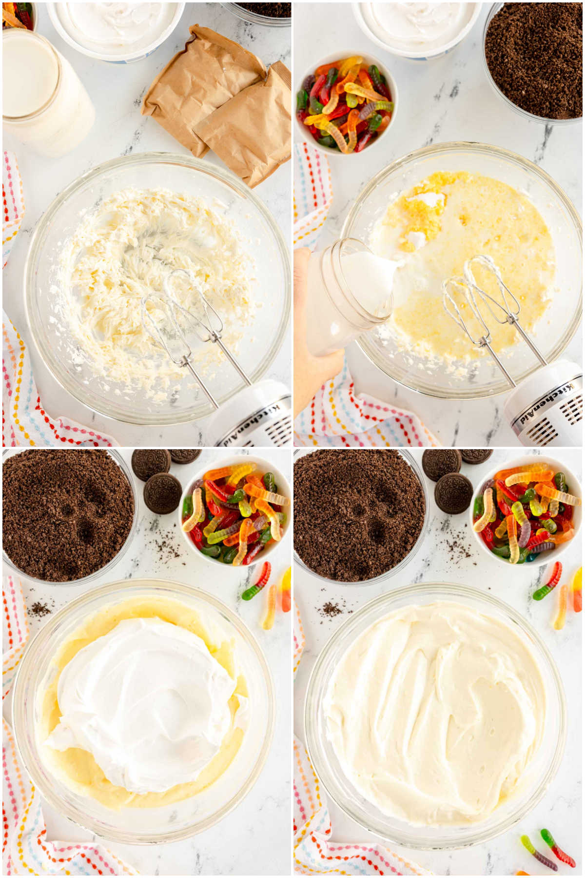 Four images in a collage showing the process of making pudding