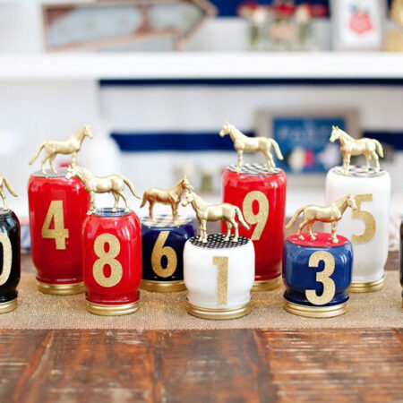 painted mason jars with golden numbers and horses