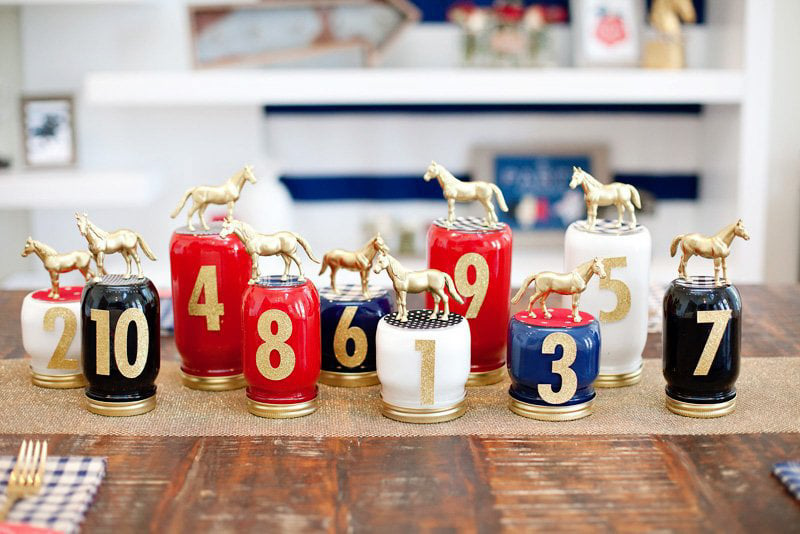 painted mason jars with golden numbers and horses