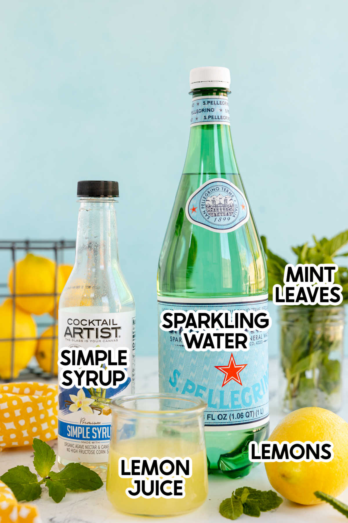 ingredients in mint lemonade with labels