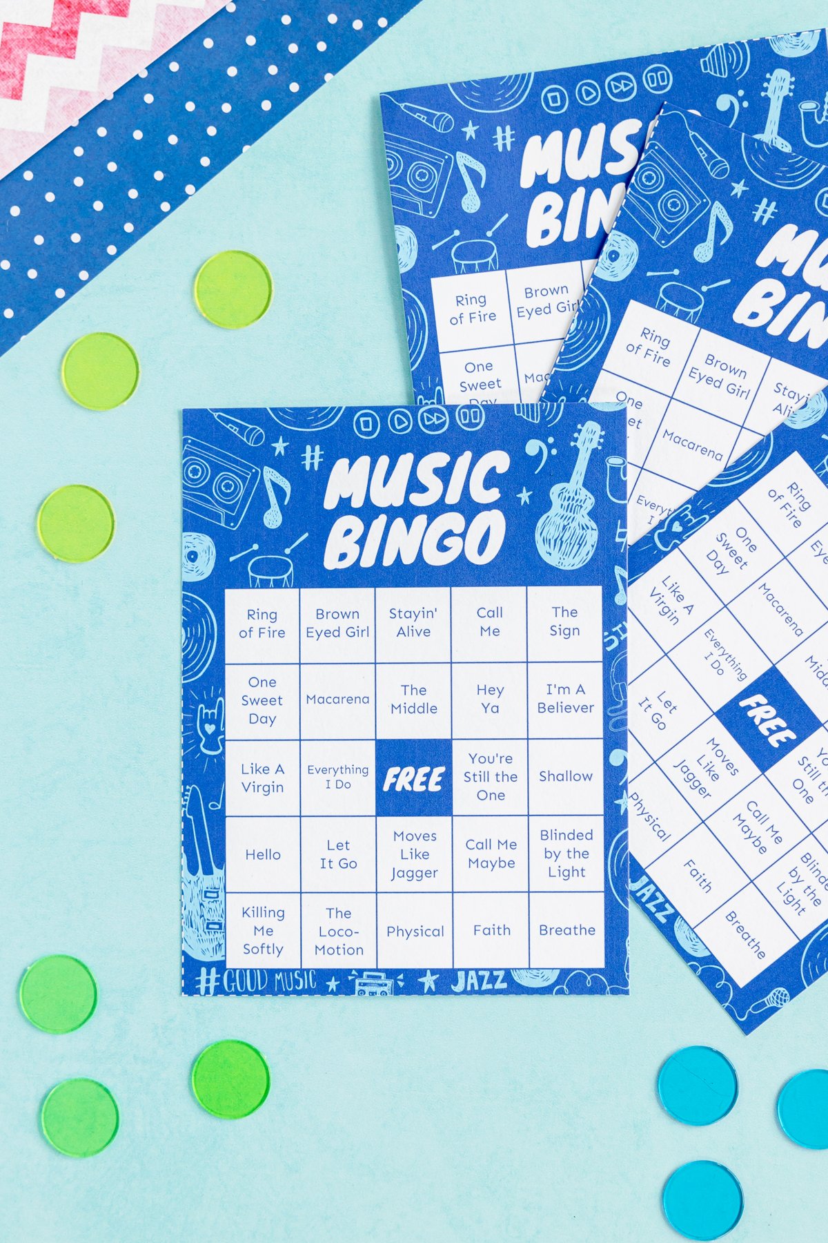 blue music bingo cards and bingo markers