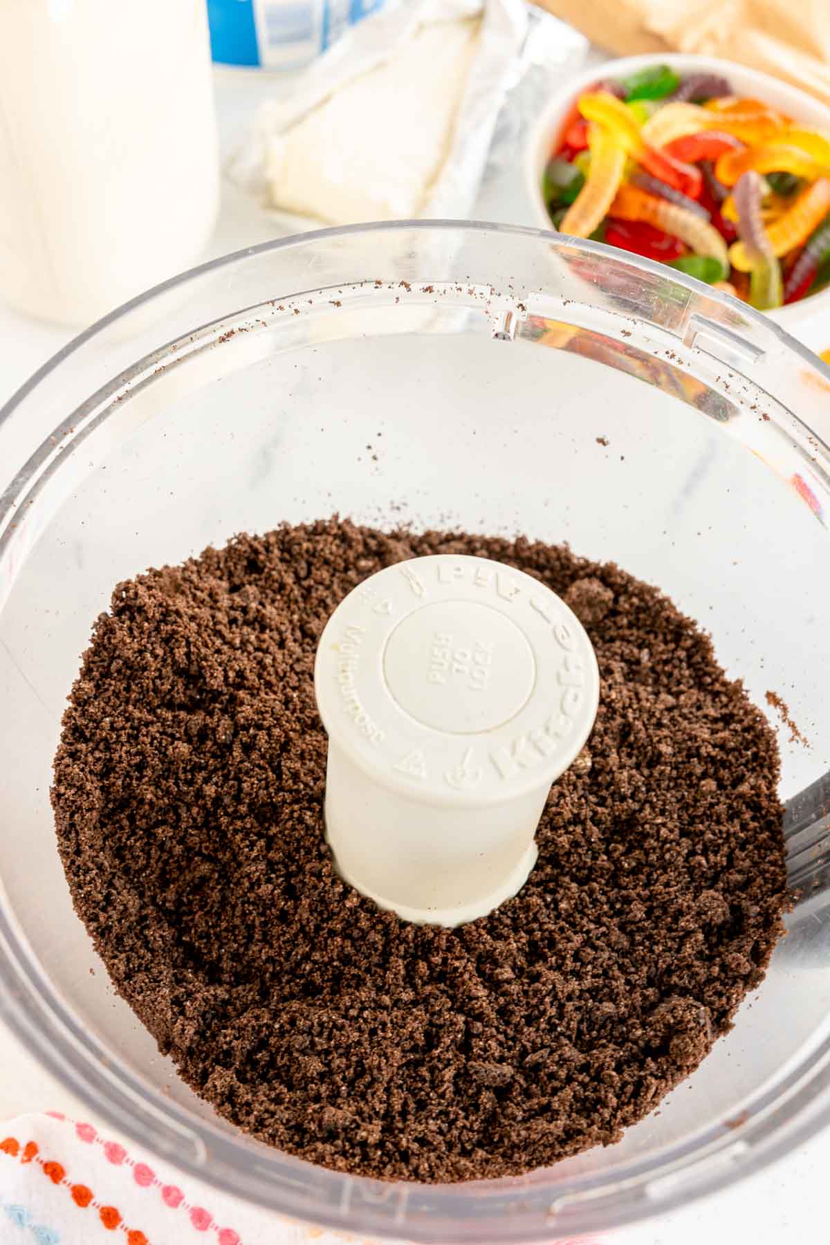 Oreo crumbs in a food processor