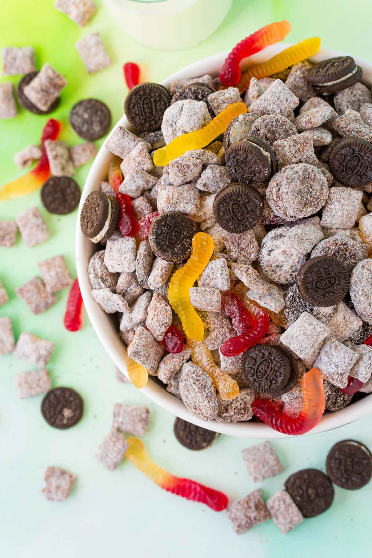Oreo muddy buddies with gummy worms on top