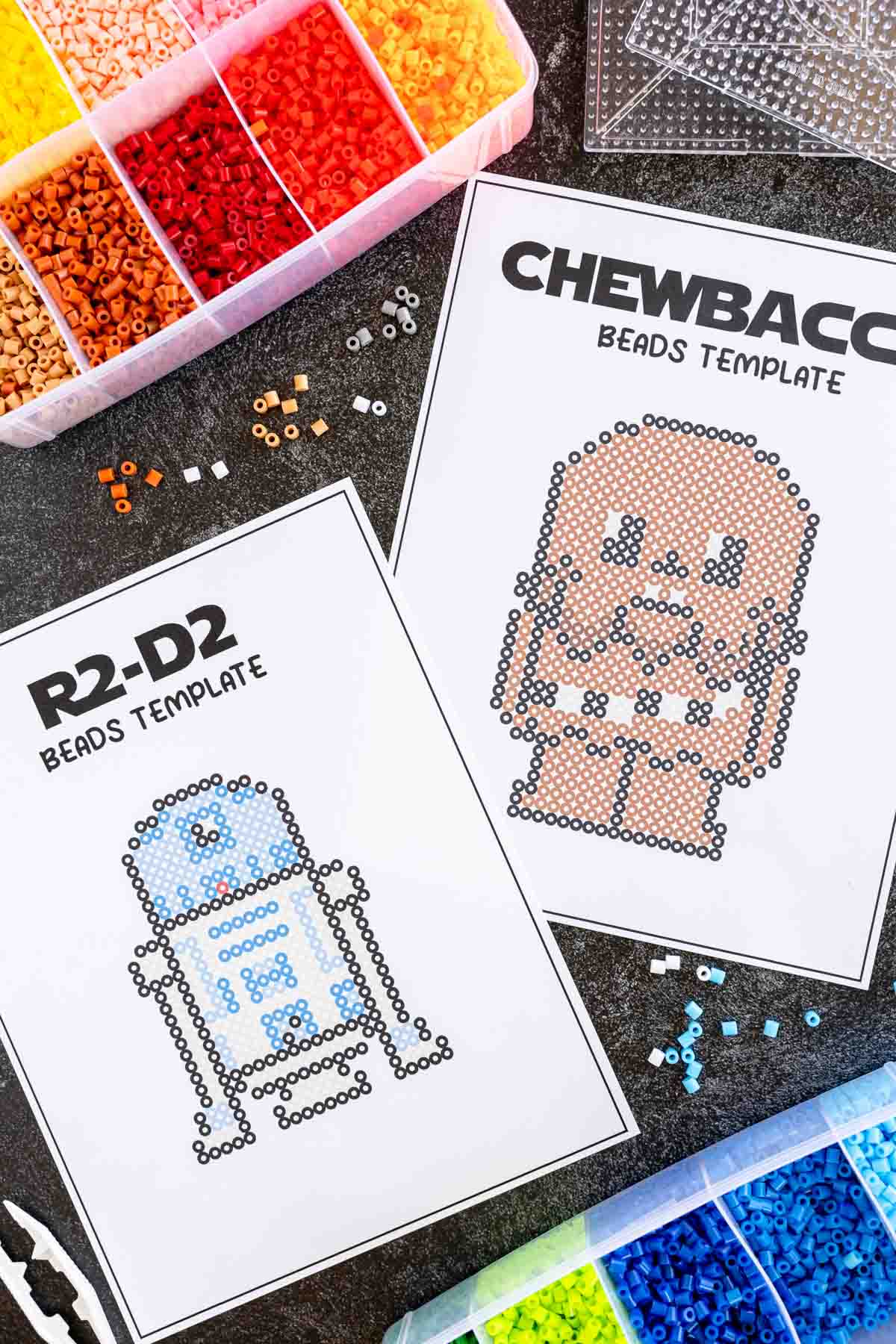 Star Wars perler bead patterns of R2-D2 and Chewbacca