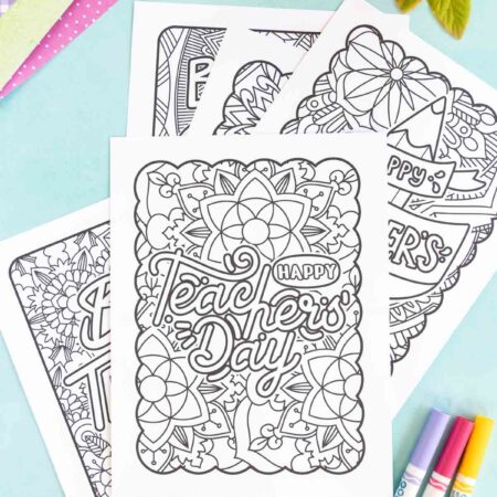 four black and white teacher appreciation coloring pages in a pile