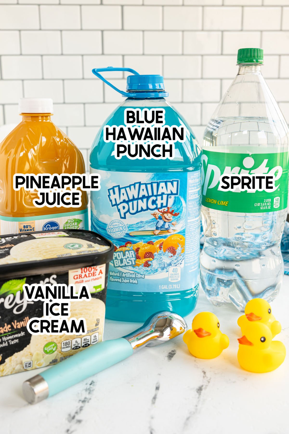 ingredients in blue punch with labels