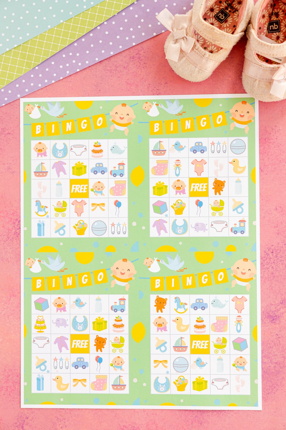 four baby shower bingo cards on one piece of paper