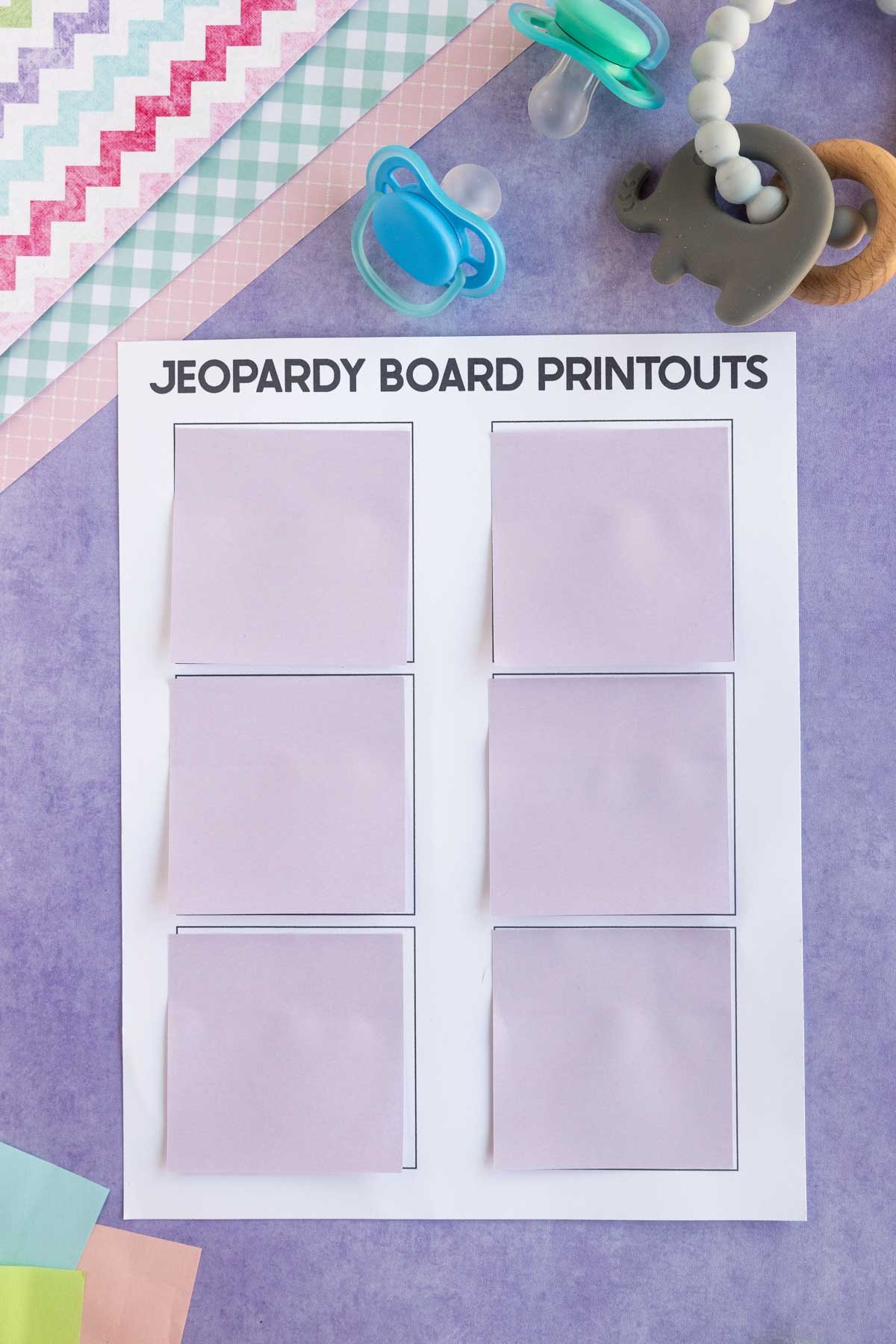 piece of paper with purple post-it notes