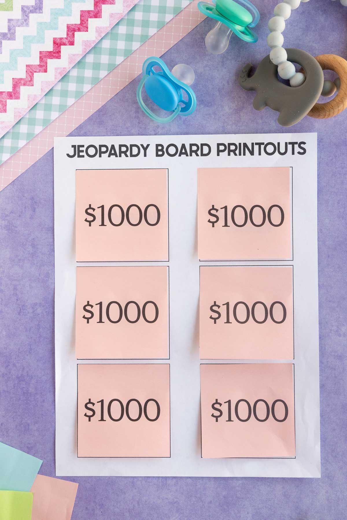 baby shower Jeopardy board money values