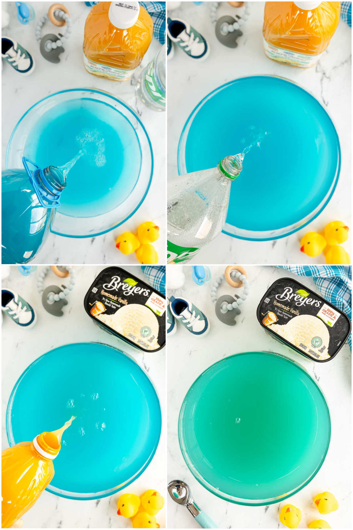 four image collage showing adding juices to a punch bowl