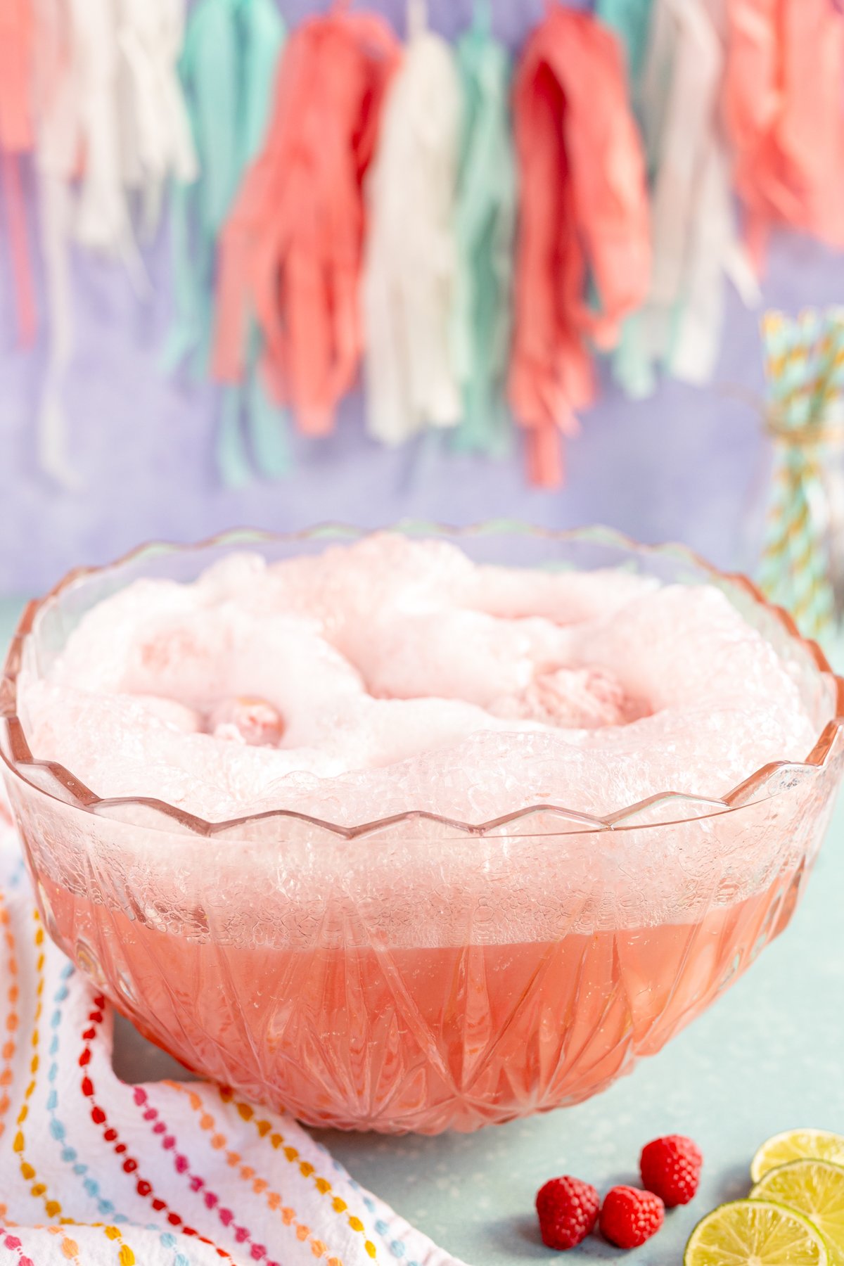 pink baby shower punch in a punch bowl