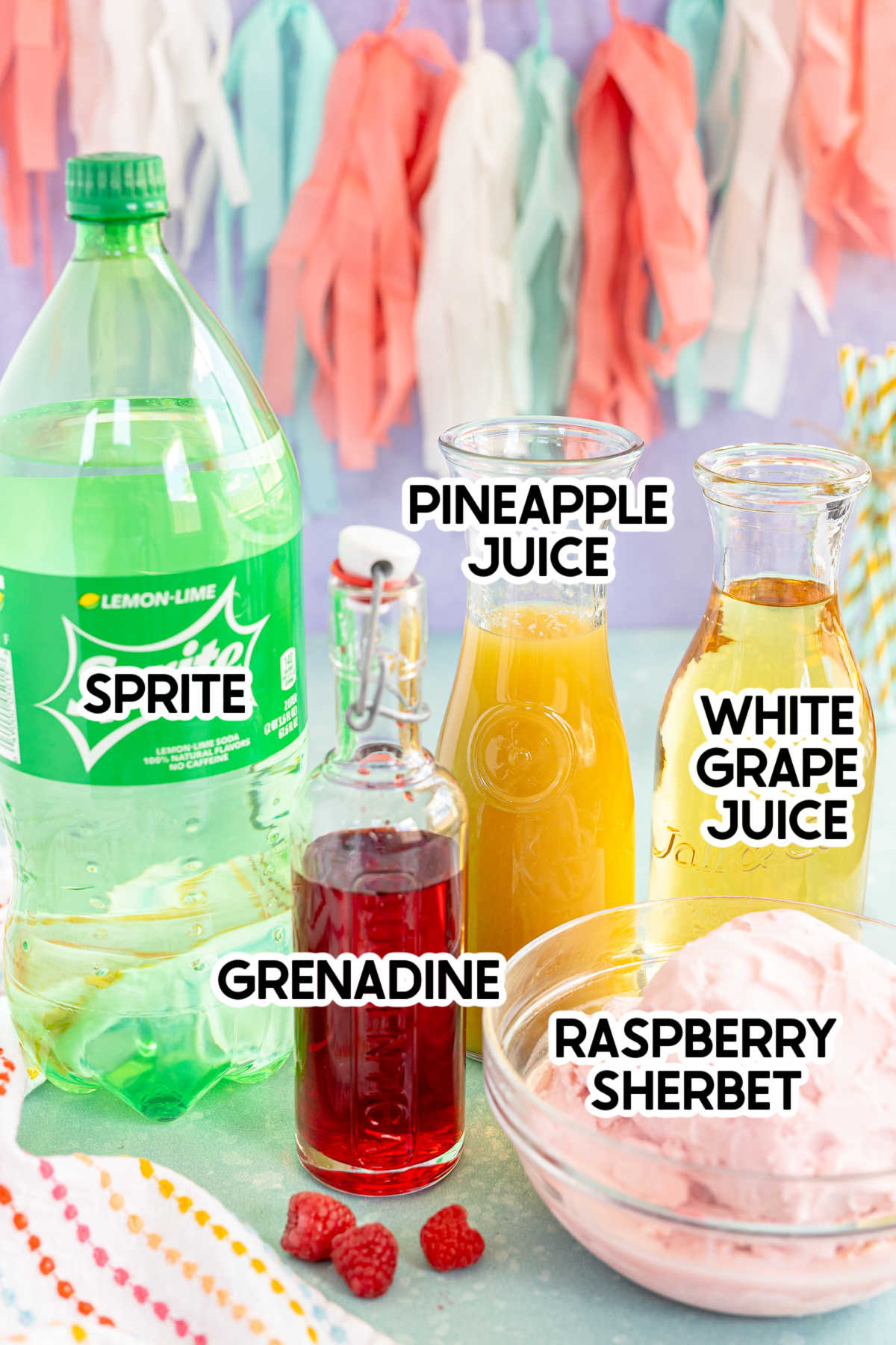 ingredients to make pink punch with labels